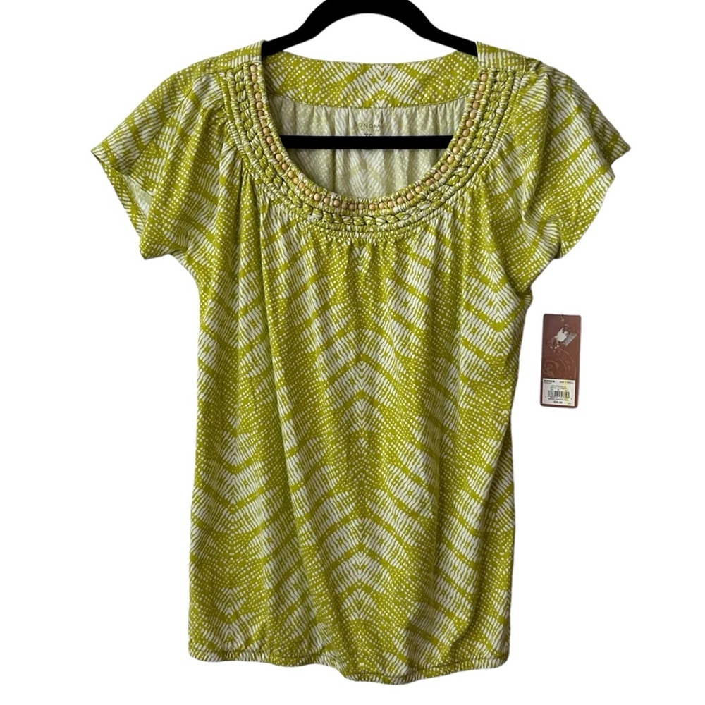 Sonoma Boho‎ Jewel Beaded Neckline Short Sleeve Tee Womens XS Citron Summer NEW
